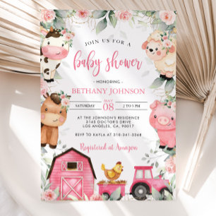 Floral Pink Farm Animals Baby Shower Invitation