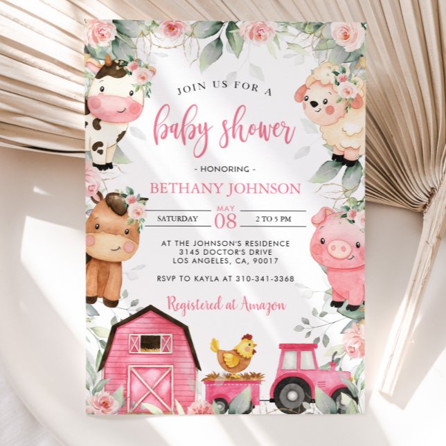 Floral Pink Farm Animals Baby Shower Invitation (Creator Uploaded)