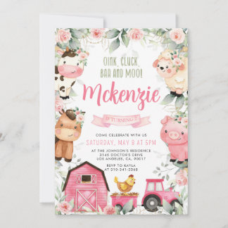 Floral Pink Farm Birthday Party Invitation