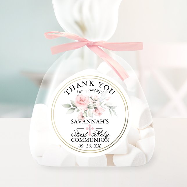 Floral Pink First Holy Communion Thank You Classic Classic Round Sticker (Creator Uploaded)