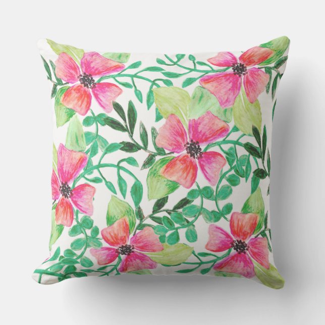 Floral pink flower and green foliage tropical outdoor cushion (Front)