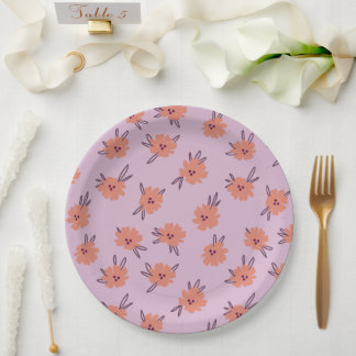 Floral Pink Flowers Repeating Pattern Cute Girly Paper Plate