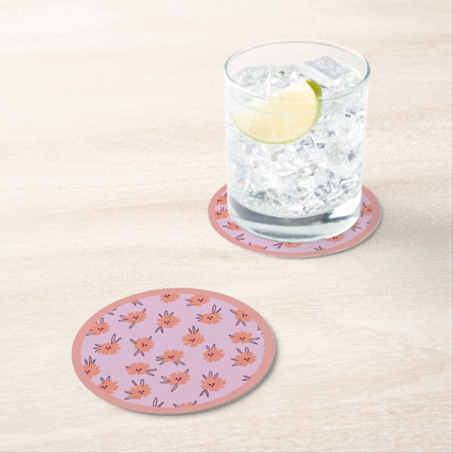 Floral Pink Flowers Repeating Pattern Cute Girly Round Paper Coaster (Insitu)