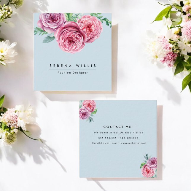 Floral Pink Flowers Simple Blue Chic Square Business Card (Creator Uploaded)
