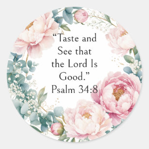 Floral Pink Foliage Watercolor, Psalm 34:8 Verse Classic Round Sticker