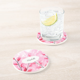 Floral Pink Fusion Watercolor Monogrammed Coaster