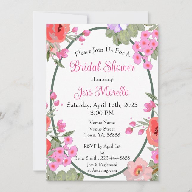 Floral Pink Garden Flowers Bridal Shower Invitation (Front)