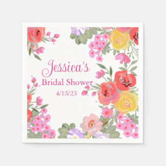 Floral Pink Garden Flowers Name Bridal Shower Napkin