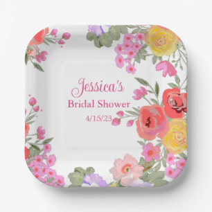 Floral Pink Garden Flowers Name Bridal Shower Paper Plate