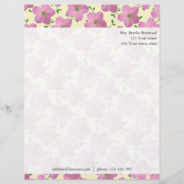 Floral Pink Garden Flowers Photo Custom Address Customized Letterhead (Front)