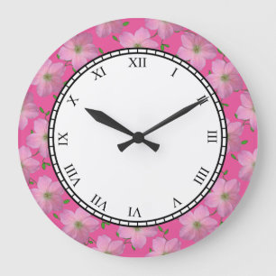 Floral Pink Garden Flowers Roman Digits Large Clock