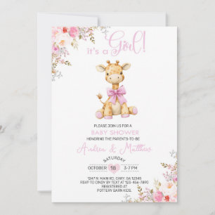 Floral pink giraffe girl baby shower invite. invitation