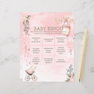 Floral Pink Girl Baby Shower Bingo Game