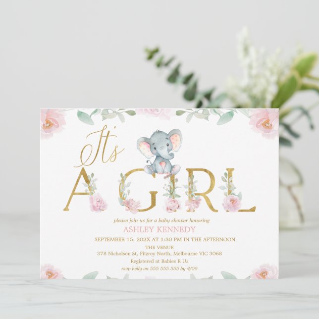 Floral Pink Girl Elephant Baby Shower Invitation (Standing Front)