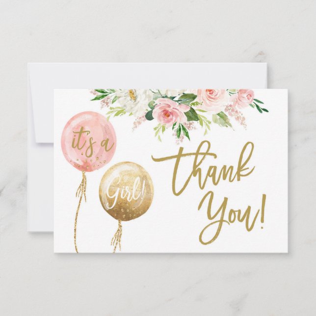 Floral pink girl thank you card (Front)
