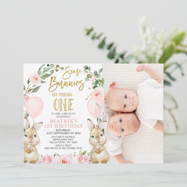 Floral Pink Girl Twins Some Bunnies 1st Birthday Invitation (Standing Front)