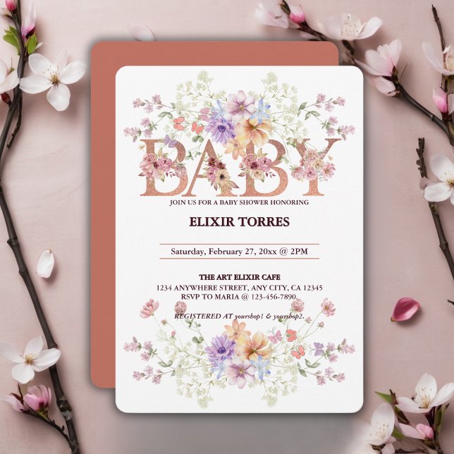 Floral Pink Glitters Baby Monogram Baby Shower Invitation (Creator Uploaded)