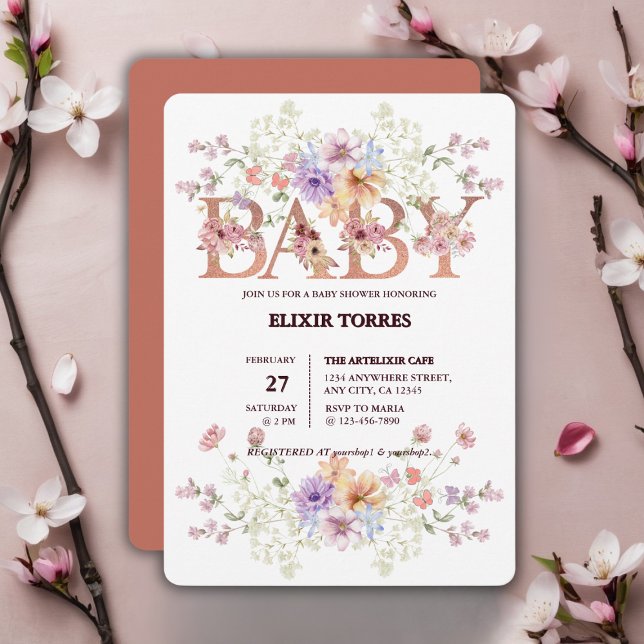 Floral Pink Glitters Baby Monogram Baby Shower Invitation (Creator Uploaded)