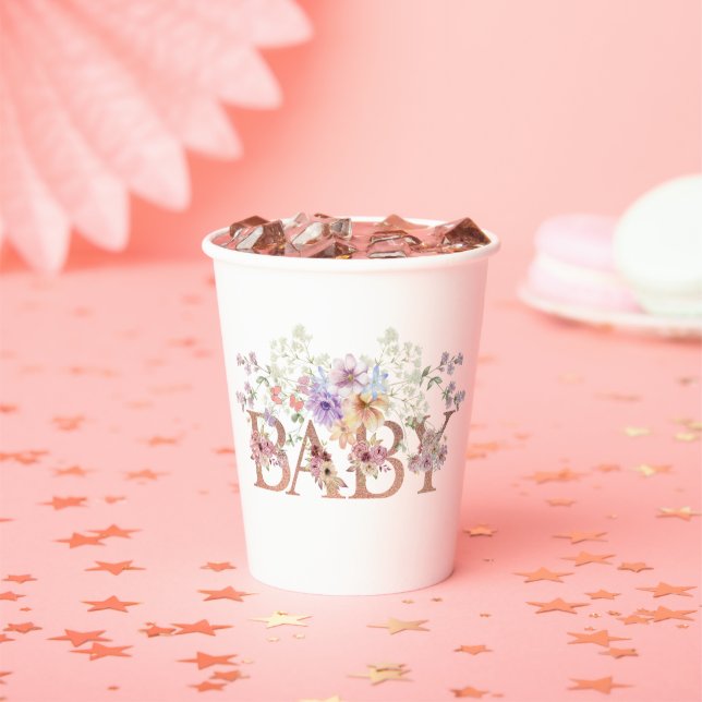 Floral Pink Glitters Baby Monogram Baby Shower Paper Cups (Insitu)