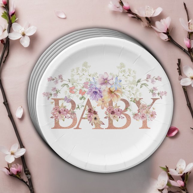 Floral Pink Glitters Baby Monogram Baby Shower Paper Plate (Creator Uploaded)