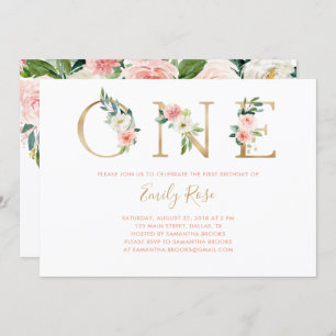 Floral Pink Gold 1st Birthday Party Invitation