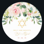 Floral Pink & Gold Bar Mitzvah Classic Round Sticker<br><div class="desc">These personalised stickers can be used on stationery,  favours or anything you need for your daughters Bat Mitzvah. Design features watercolor pink floral arrangements with gold dots and a star of David. Matching items are available.</div>