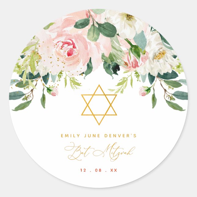 Floral Pink & Gold Bar Mitzvah Classic Round Sticker (Front)