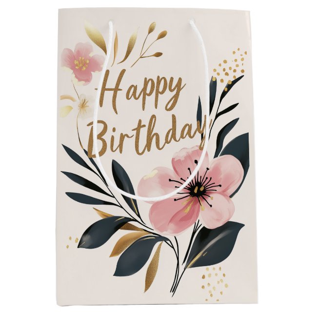 Floral Pink Gold Birthday Medium Gift Bag (Front)