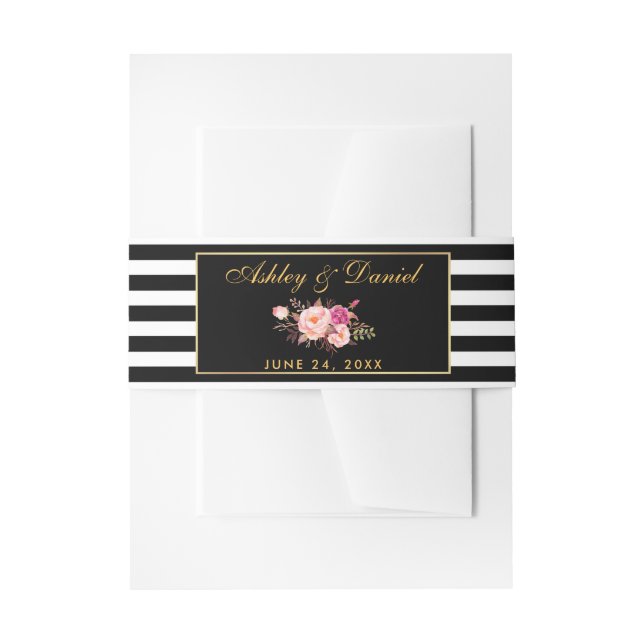 Floral Pink Gold Black Stripes Wedding Invitation Belly Band (Front Example)