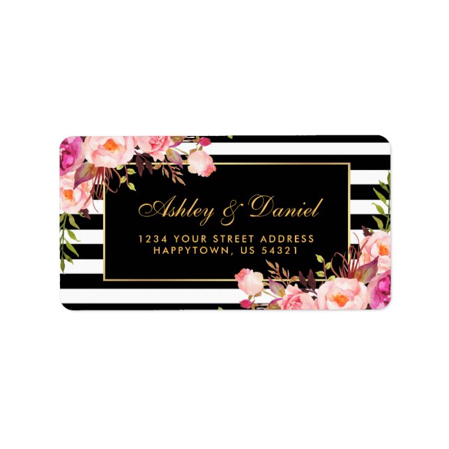 Floral Pink Gold Black Stripes Wedding Label (Front)