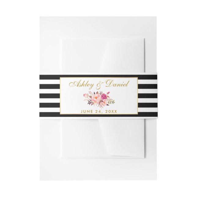 Floral Pink Gold Black White Stripes Wedding Invitation Belly Band (Front Example)