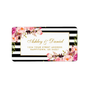Floral Pink Gold Black White Stripes Wedding Label