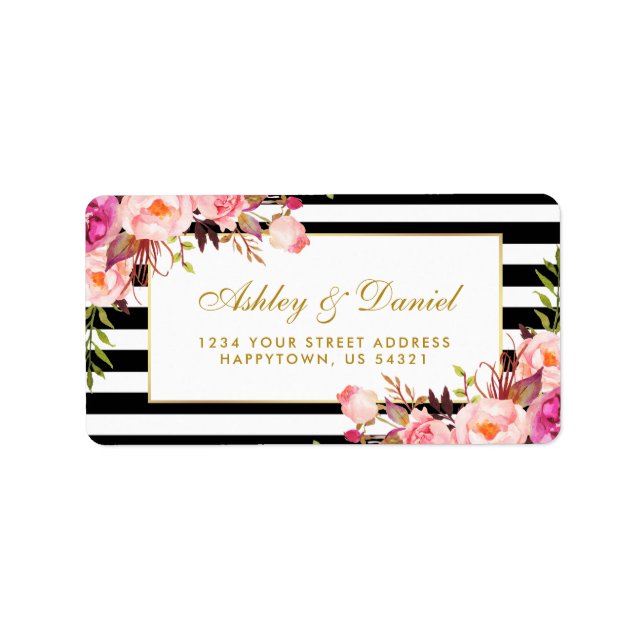 Floral Pink Gold Black White Stripes Wedding Label (Front)