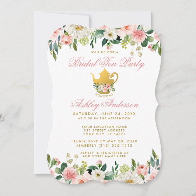 Floral Pink Gold Bridal Shower Tea Party Invite BP (Front)