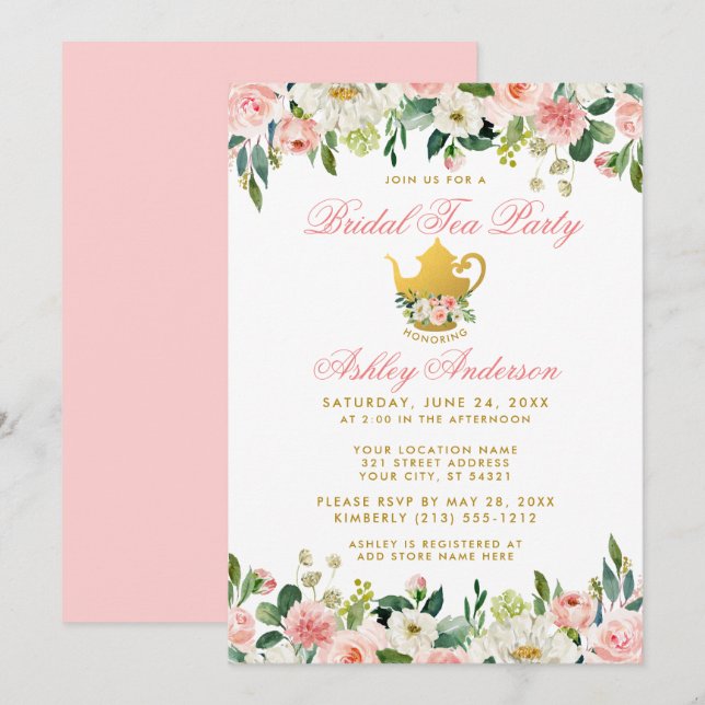 Floral Pink Gold Bridal Shower Tea Party Invite Pk (Front/Back)