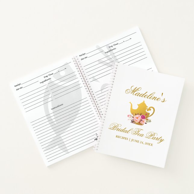 Floral Pink Gold Bridal Shower Tea Party Recipe Notebook (Inside)