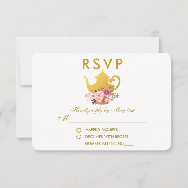 Floral Pink Gold Bridal Shower Tea Party RSVP (Front)