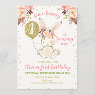 Floral Pink Gold Bunny 1st Birthday Invitation