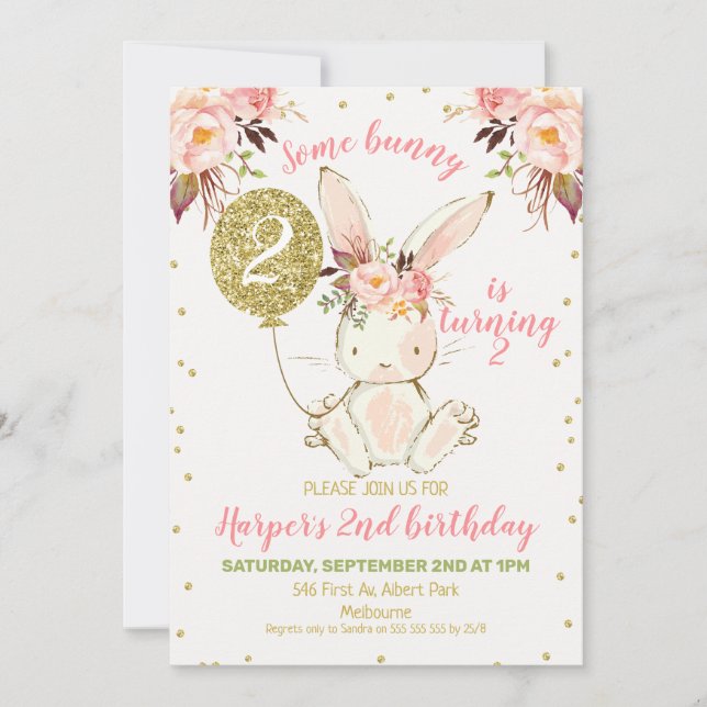 Floral Pink Gold Bunny Birthday Invitation (Front)