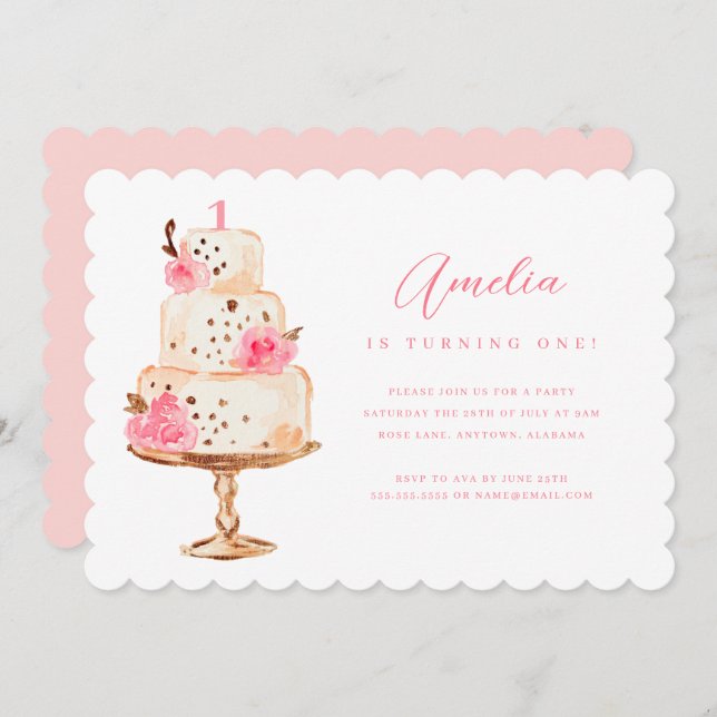 Floral Pink Gold Cake First Birthday Party Invitation (Front/Back)