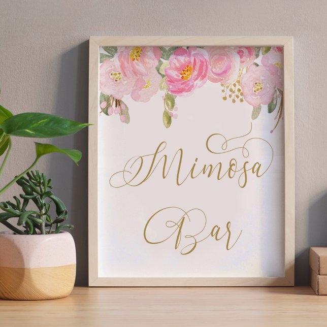 Floral Pink Gold Calligraphy Mimosa Bar Sign (Mimosa Bar sign from my Pink and Gold Watercolor Floral Collection)