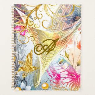 Floral Pink Gold Fairy Bird Butterfly Monogrammed Planner