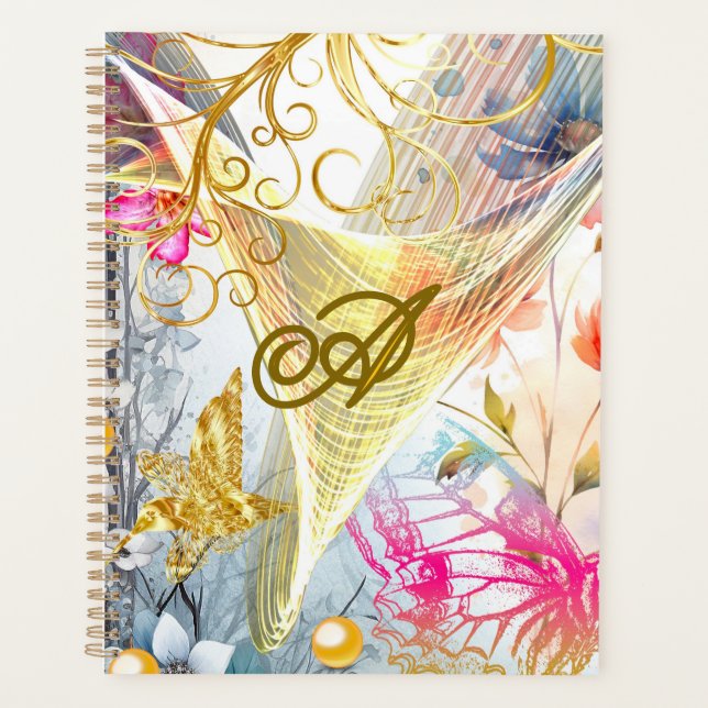 Floral Pink Gold Fairy Bird Butterfly Monogrammed  Planner (Front)