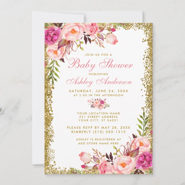 Floral Pink Gold Glitter Baby Shower Invitation (Front)