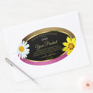 Floral Pink Gold Glitter Black Product Labels Logo