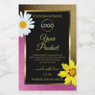 Floral Pink Gold Glitter Black Product Labels Logo