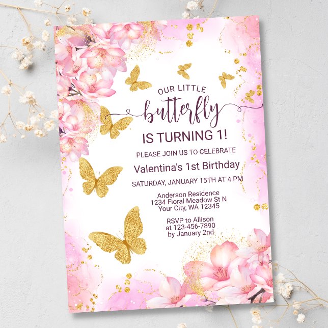 Floral Pink Gold Glitter Butterfly 1st Birthday Invitation (Creator Uploaded)