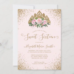 Floral Pink Gold Glitter Tiara Sweet 16 Birthday Invitation