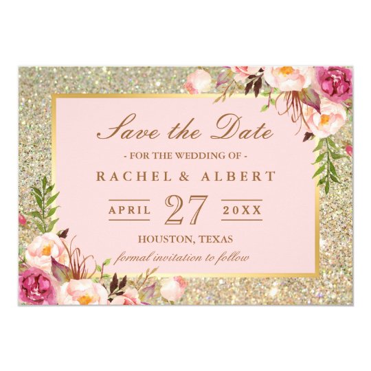 Floral Pink Gold Glitter Wedding Save the Date Card