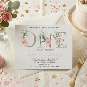 Floral Pink Gold Photo 1st Birthday Party Invitation